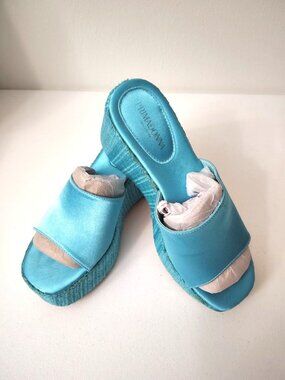 Primadonna Collection Turquoise Blue Satin Platform Wedge Sandal Mules size 38